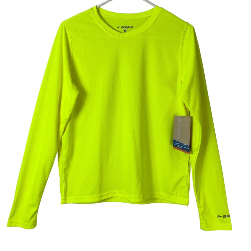 Brooks Podium Neon Yellow Top M Pullover Crew Neck Long Sleeve High Vis Running